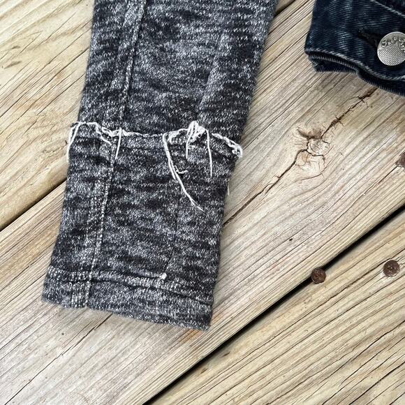 Free People Black Denim Trucker Jacket Hooded Distressed Knit Sleeves Size S - Picture 4 of 12